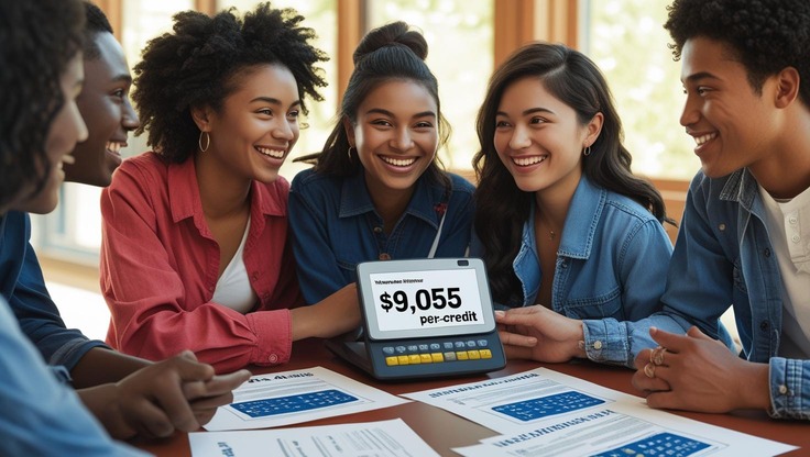 International students reviewing Wesleyan University tuition costs and financial aid options with calculator showing $9,055 per-credit fees and scholarship opportunities