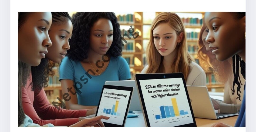 Female students studying Economics with laptops showing 25% higher earnings statistics from world bank data on women's education ROI